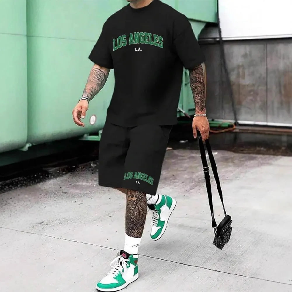 Men's 3D printed letter design polyester sports suit set with short sleeves and shorts.
