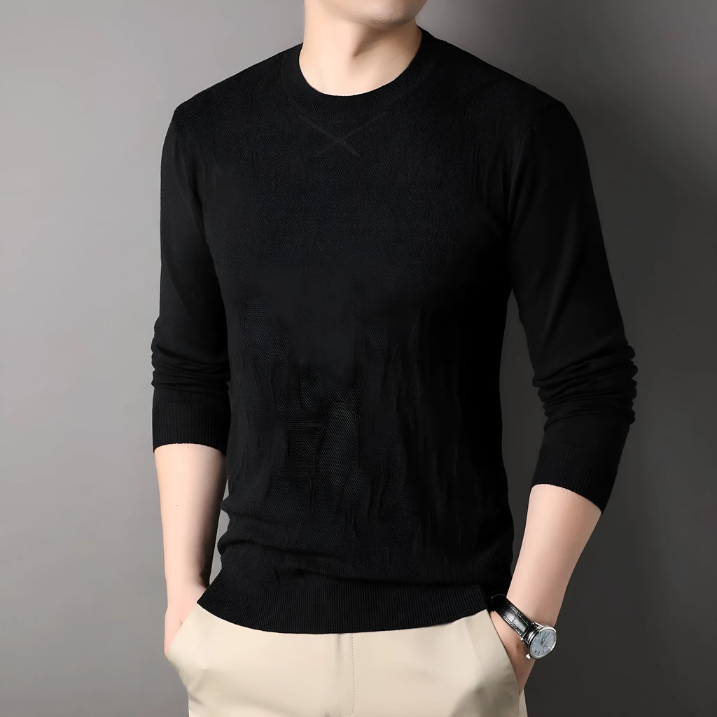 Men's loose fit solid colour polyester sweater in black, long sleeves, spring autumn casual wear