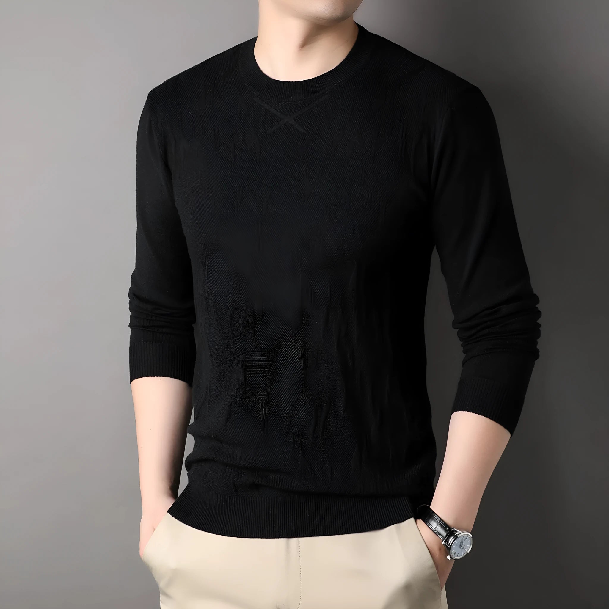 Men's loose fit solid colour polyester sweater in black, long sleeves, spring autumn casual wear
