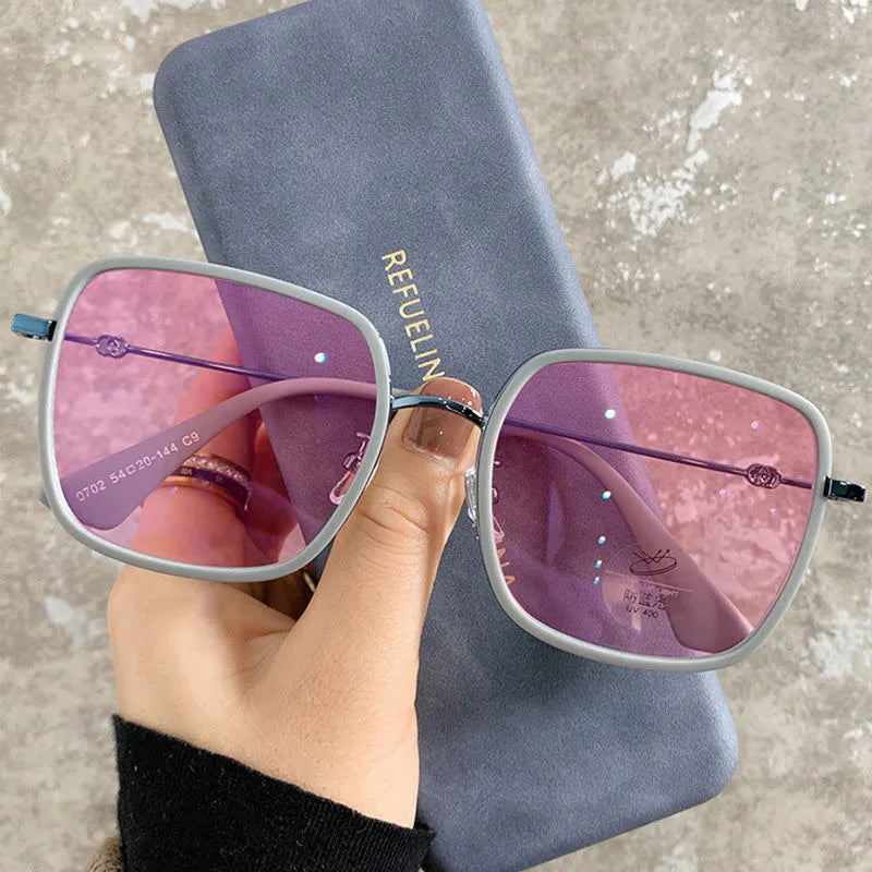 Photochromic myopia glasses with large frame, anti-blue light lens, and Black Gold frame colour options