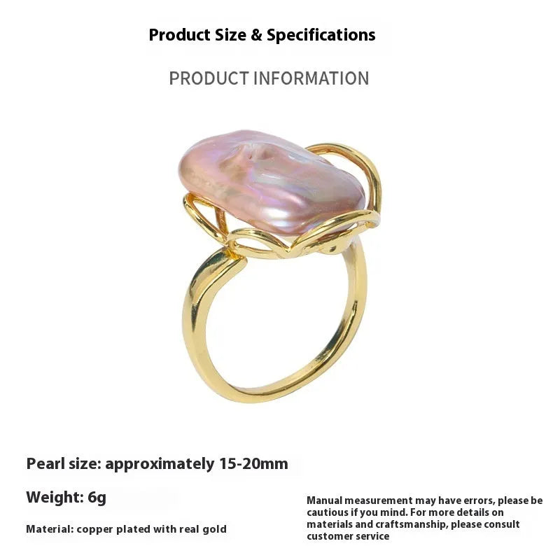 Women's baroque pearl ring with adjustable opening in gold and purple geometric style