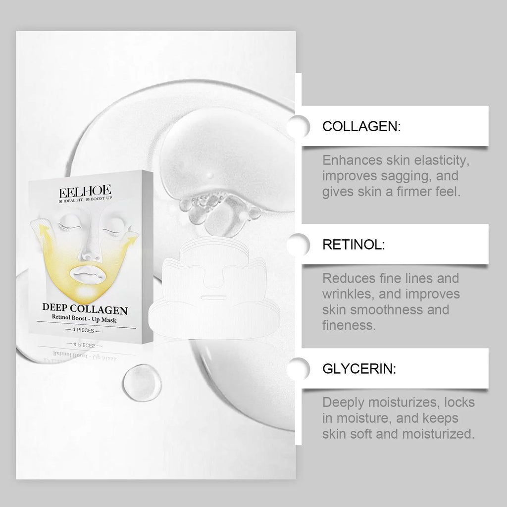 Four collagen facial sheet masks in individual packaging for skincare treatment
