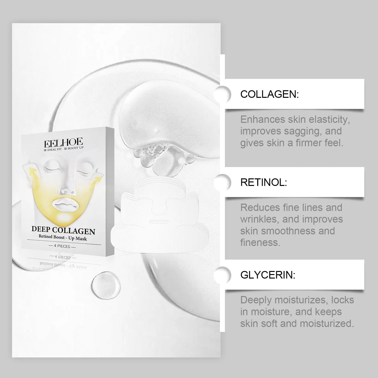 Four collagen facial sheet masks in individual packaging for skincare treatment