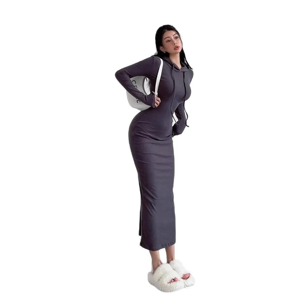 Women's light gray hooded sheath dress with long sleeves and a high waist on a hanger