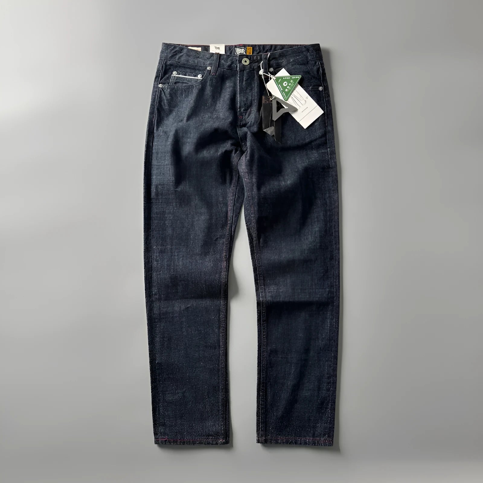 Men's straight-leg denim jeans in primary colour with mid waist and classic American retro style.