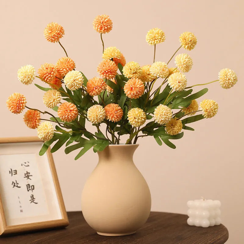 5-head silk dandelion chrysanthemum fake flower ornament in white for wedding decor and photography props