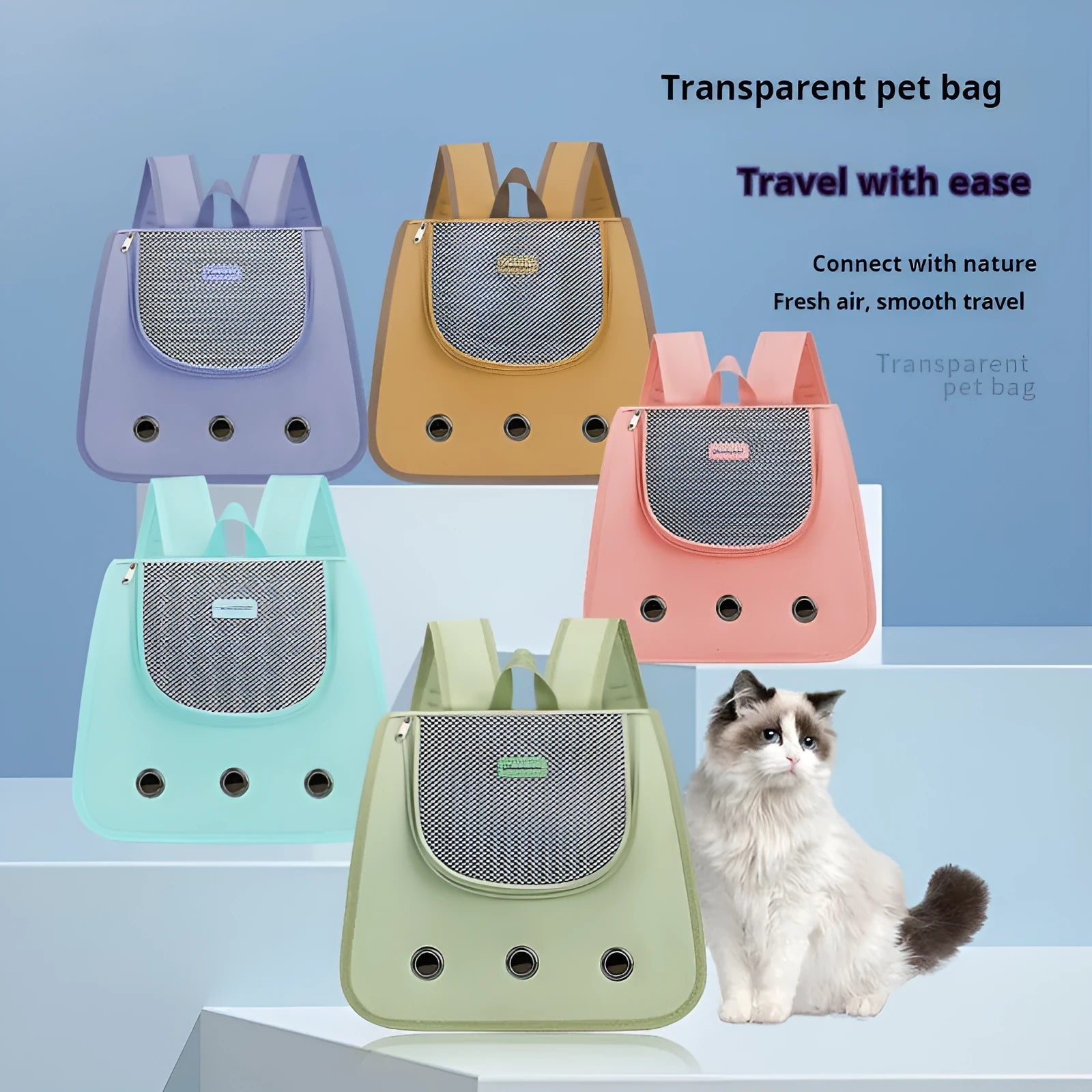 Medium capacity Oxford fabric pet backpack with medium hard sides in light blue colour