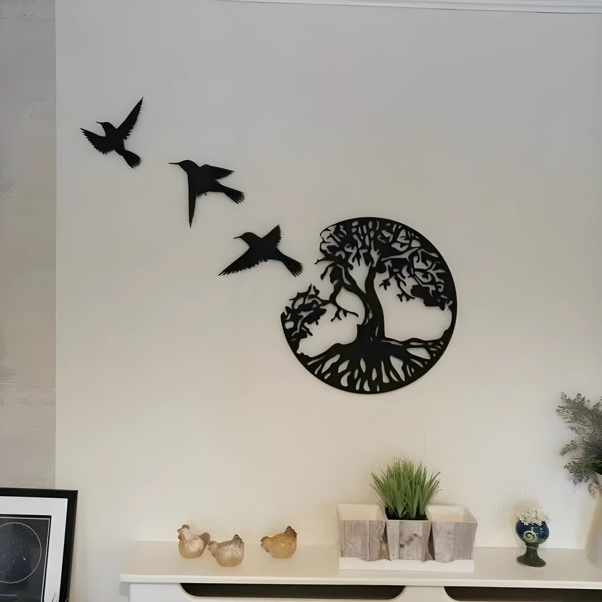 Black iron wall art hanging with wind chime in modern simple style, electroplated finish, hanging by iron strap