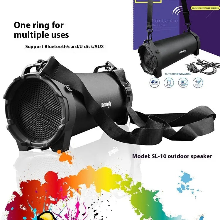 Black portable 8W Bluetooth speaker with card insertion and call function, supplied with suspender