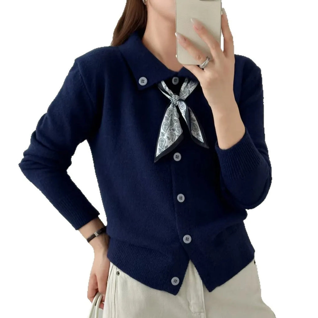 Lapel scarf cardigan sweater in acrylic fibre with splicing design elements and long sleeves