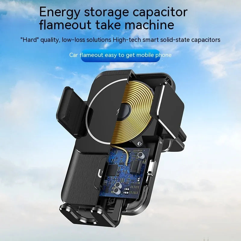 Black car wireless phone charging holder with 15W fast charging capability on vehicle dashboard