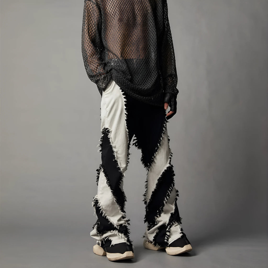 Black and white patchwork slim fit rough edge washed jeans for men in denim fabric