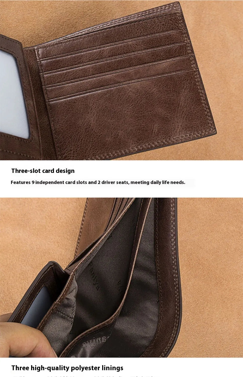 Men's short PU leather wallet in black with tactile finish and printing detail