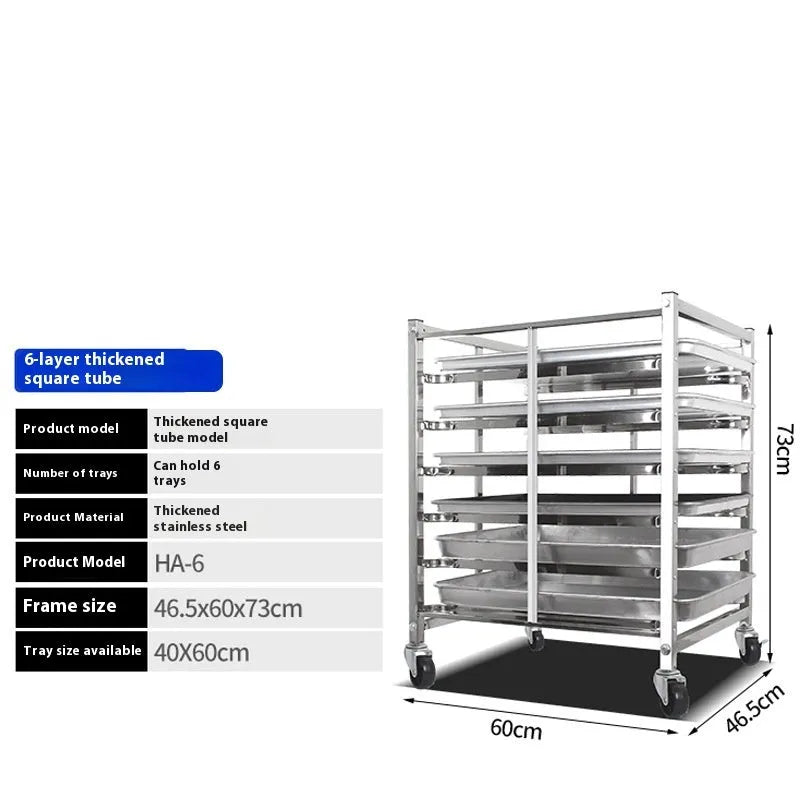 Six-tier stainless steel baking tray rack with 40x60cm trays and a locking mechanism.