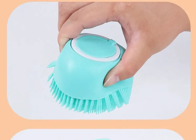 Silicone dog bath brush in blue with flexible bristles for gentle grooming and bathing.