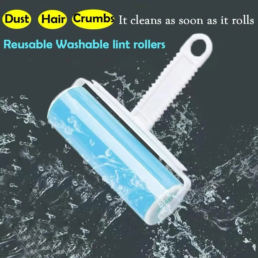Washable reusable lint roller for pet hair removal in blue, green, pink, or yellow with cover