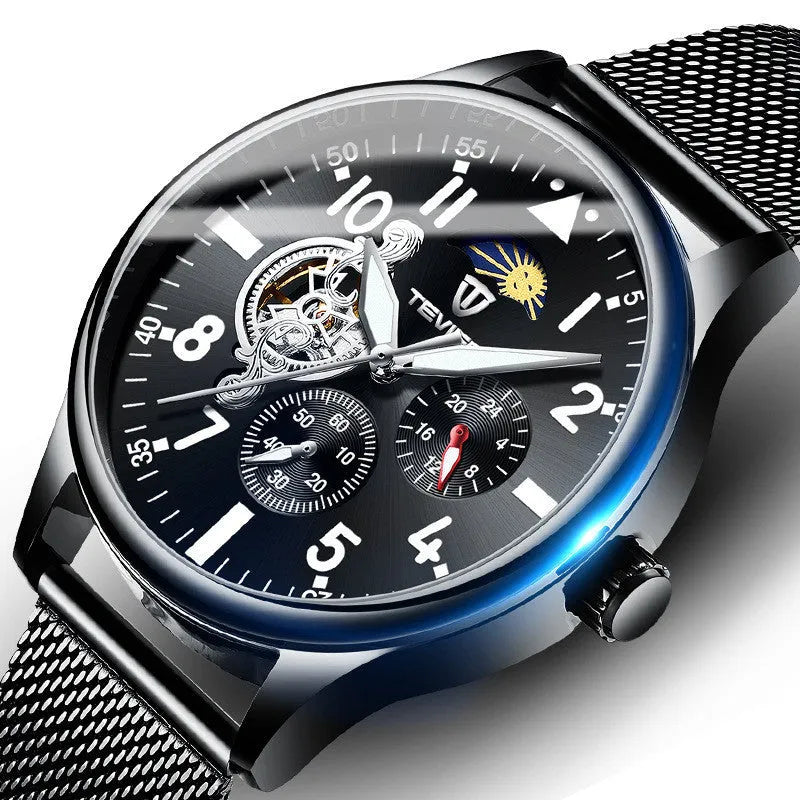 Men's black mechanical watch with moon phase dial and luminous hands on alloy case