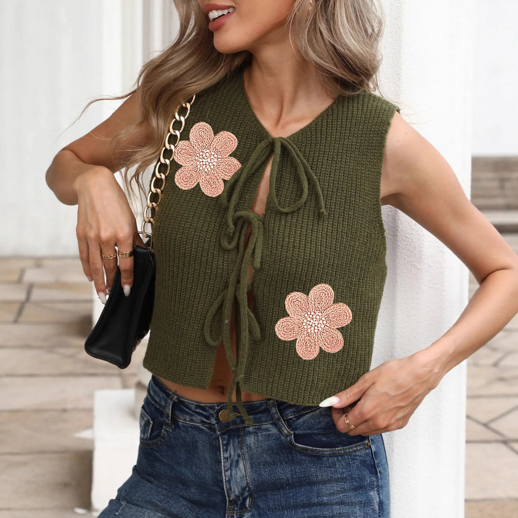 Ladies' sleeveless cardigan vest with lace-up bow and floral pattern in deer plush fabric
