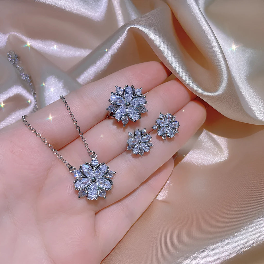 Double-layer flower cubic zirconia jewellery set: ring, stud earrings, and necklace in white copper, pink diamond colour option