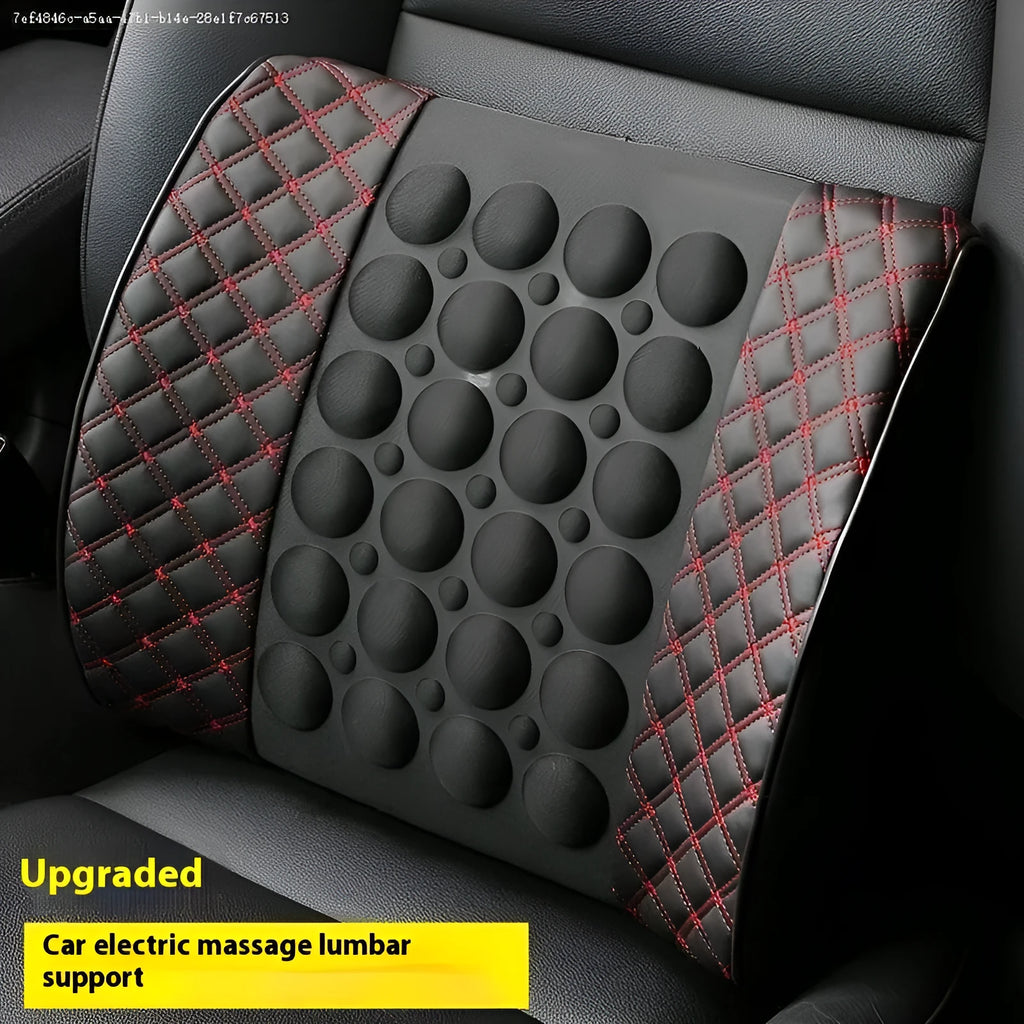 Car electric massage lumbar support pillow with PU leather and latex filler in Black Ribbon Red line