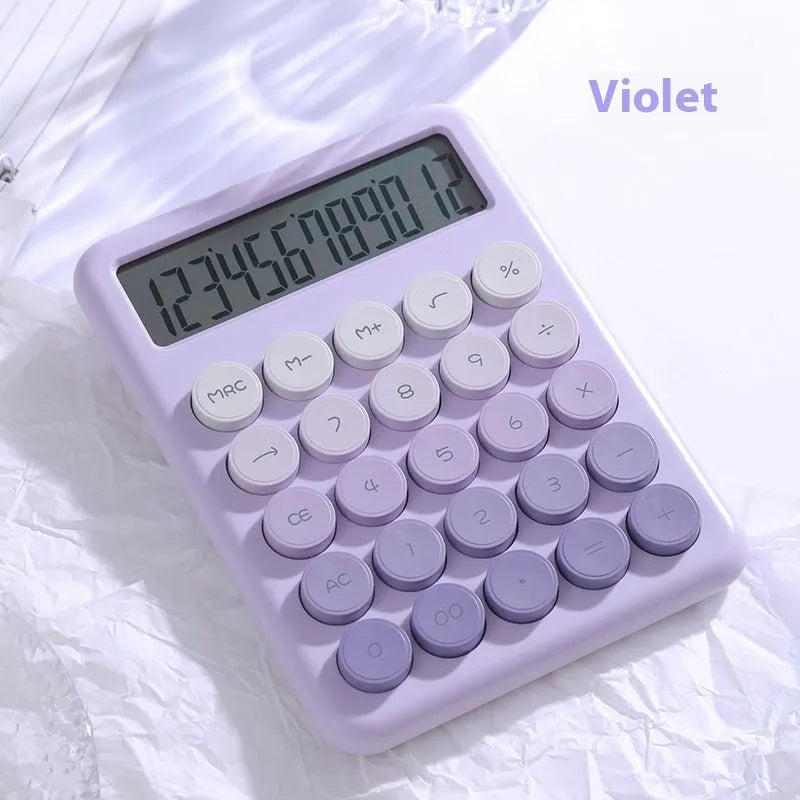 Gradient colour desk calculator in violet, cherry blossom pink, glacier blue, or mint green.