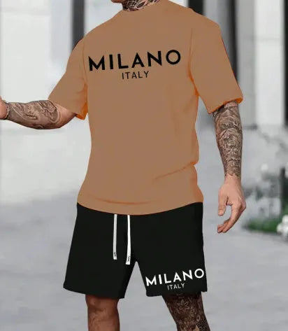 Men's polyester short sleeve suit set with pullover top and matching shorts in multiple colours