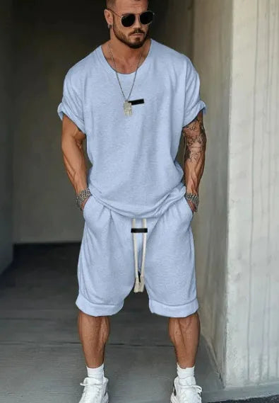 Men's grey hip hop style t-shirt and matching shorts set with white letter printing