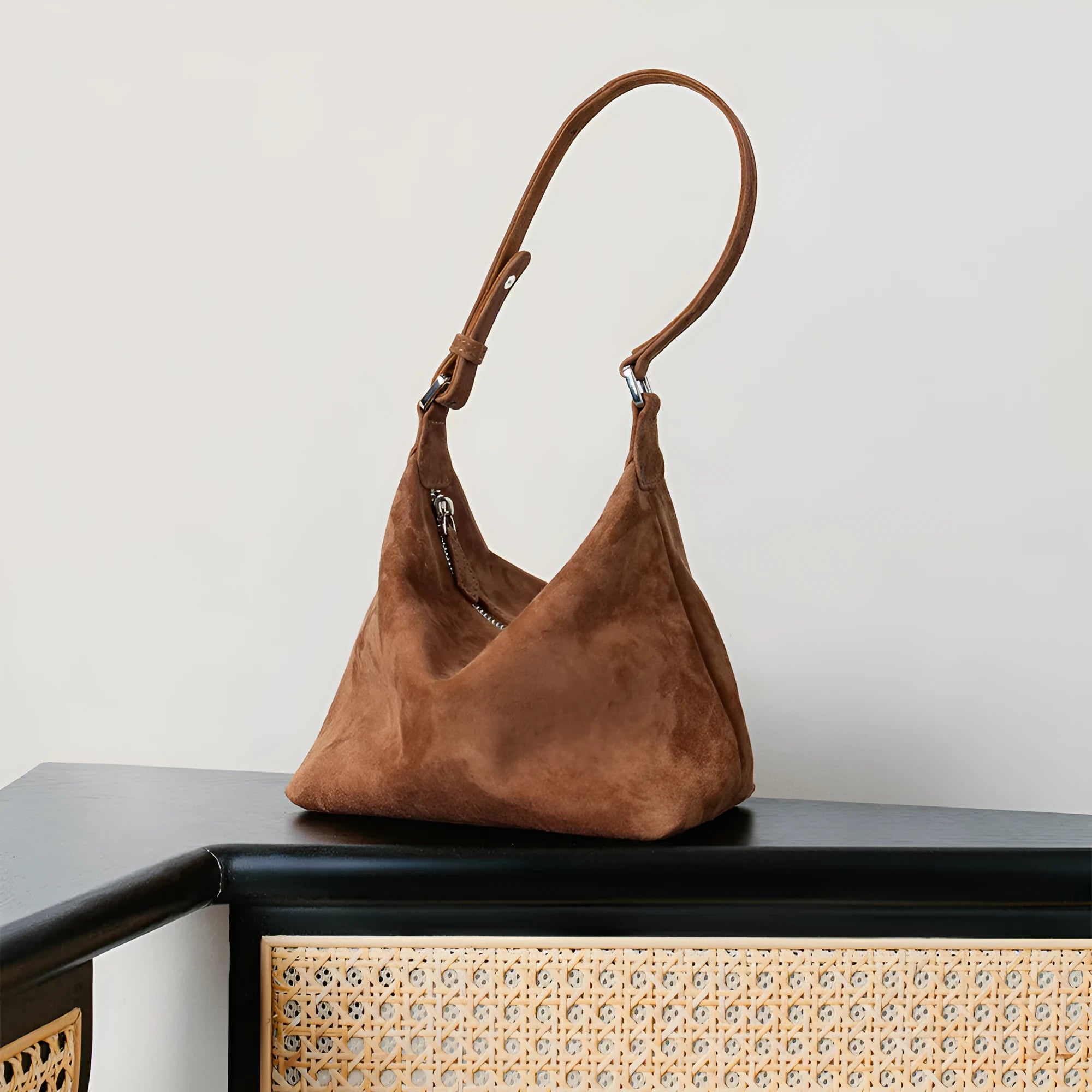 Large capacity goat skin suede pillow-shaped tote bag with sewing thread detail, 20x11x13cm, available in nine colours