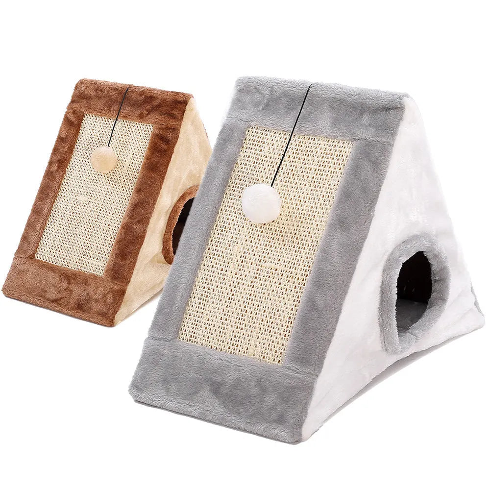 Triangular grey and white cat scratching post toy with integrated fur bed for indoor cats