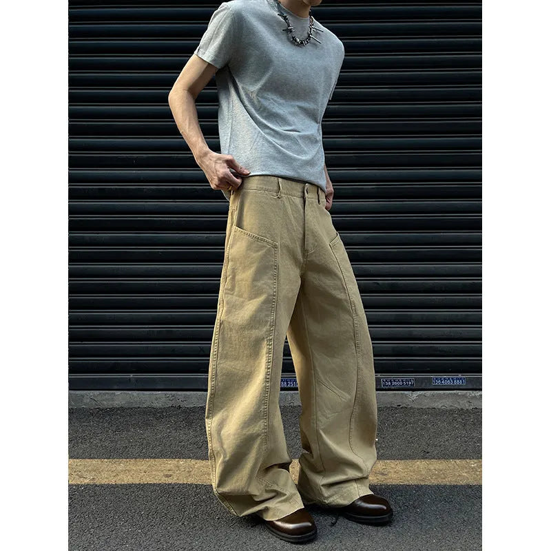 Khaki coloured men's straight leg cotton trousers on a white background