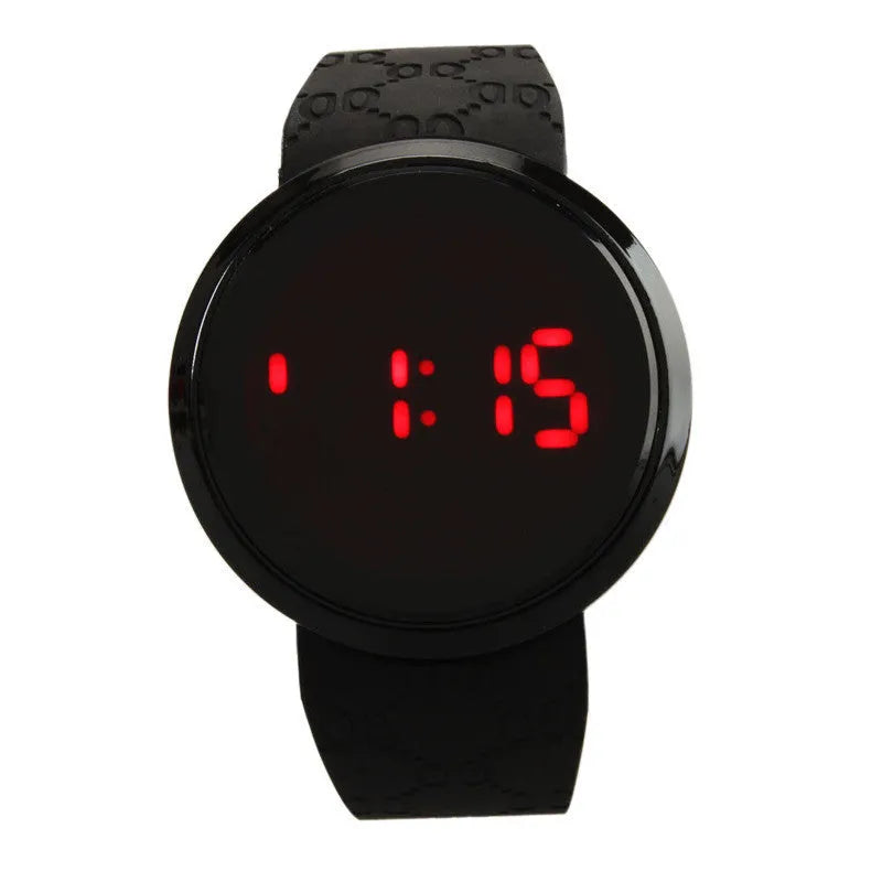Men and women couple sports LED electronic touch watch with round glass dial and black PU strap