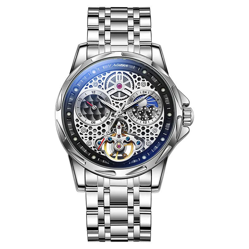 Men's automatic waterproof luminous watch with steel case and choice of leather or metal strap.