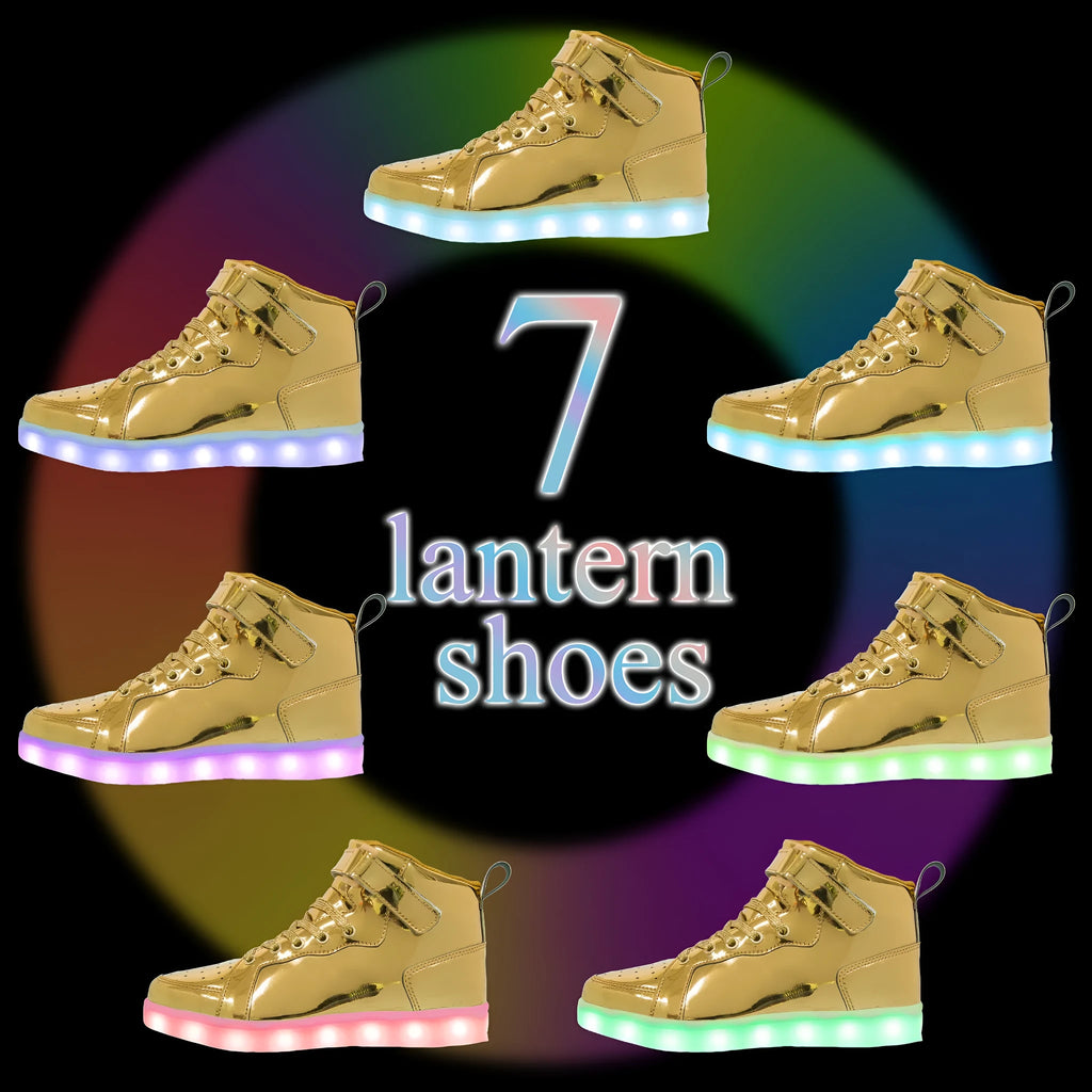 Black LED light-up high-top skate shoes with Velcro straps and glowing soles.