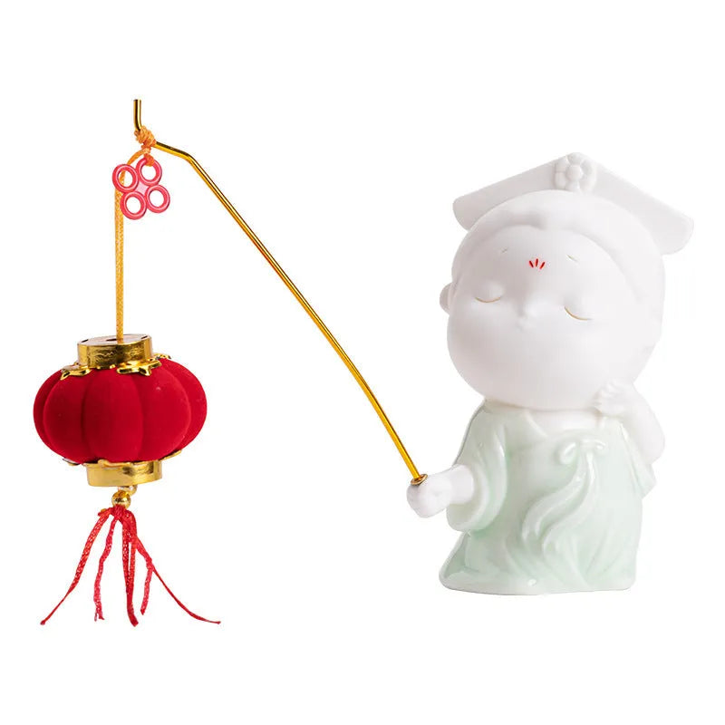 Ceramic little female court attendant figurine incense burner decoration in a floral pattern.