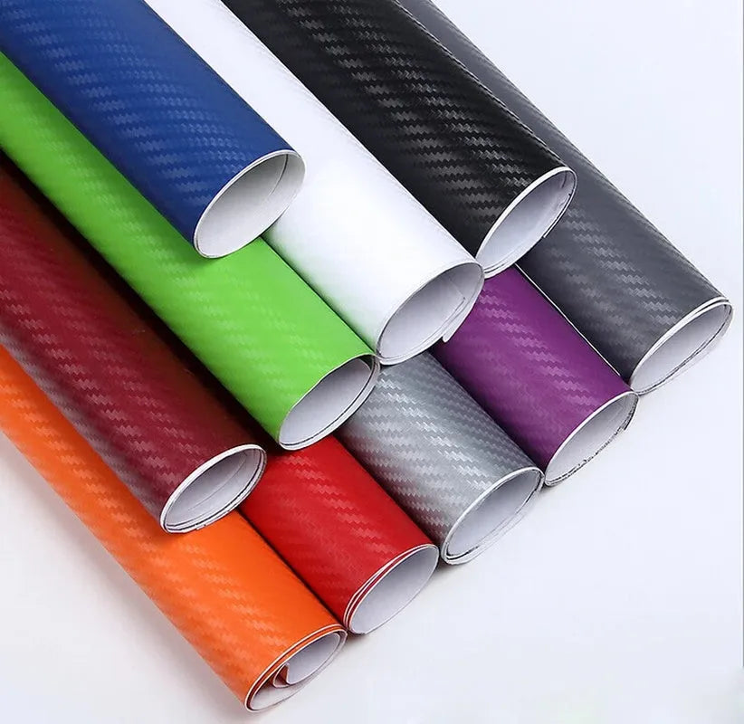 Roll of 3D carbon fibre pattern vinyl sticker for cars, showing multiple colour options.