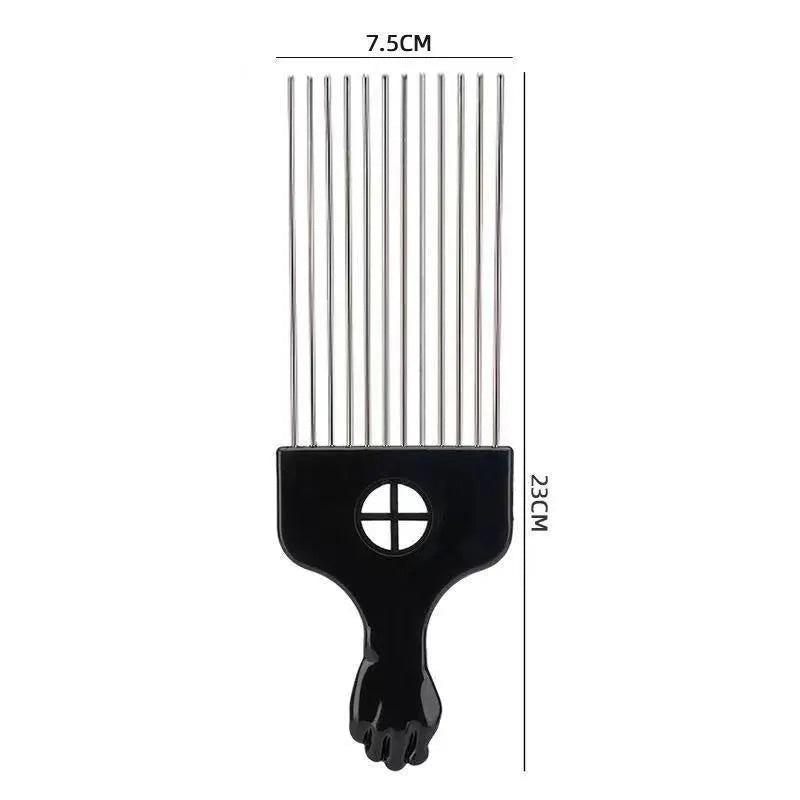 Male creative portable steel needle comb in plastic, over 20cm long, with steel teeth on a light background.