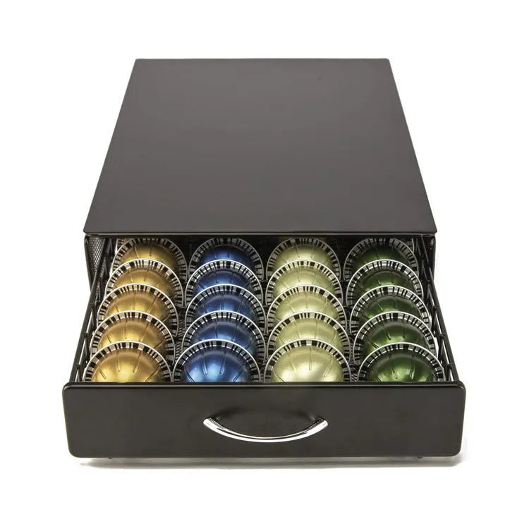 Coffee capsule storage drawer with tempered glass top, holding 40 capsules, black handle, modern simplicity style