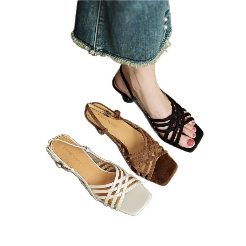 Women's beige retro sandals with thin cross-straps, an ankle buckle, and a 3-6cm mid-heel on a square toe.