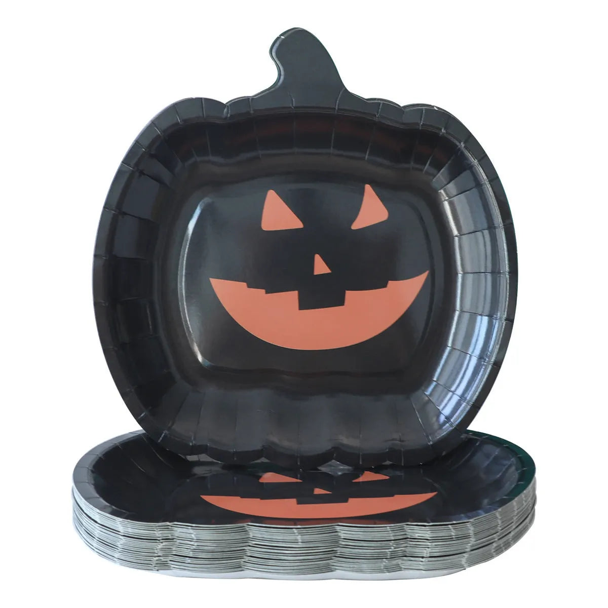 Black Halloween disposable paper plates with pumpkin designs, 9-inch diameter