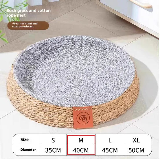 Rattan woven cat nest bed showing breathable open construction in pet sleeping basket design