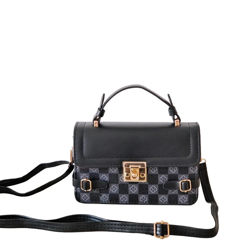 Retro small square pattern crossbody bag in apricot colour, showing horizontal square shape and stitching detail.