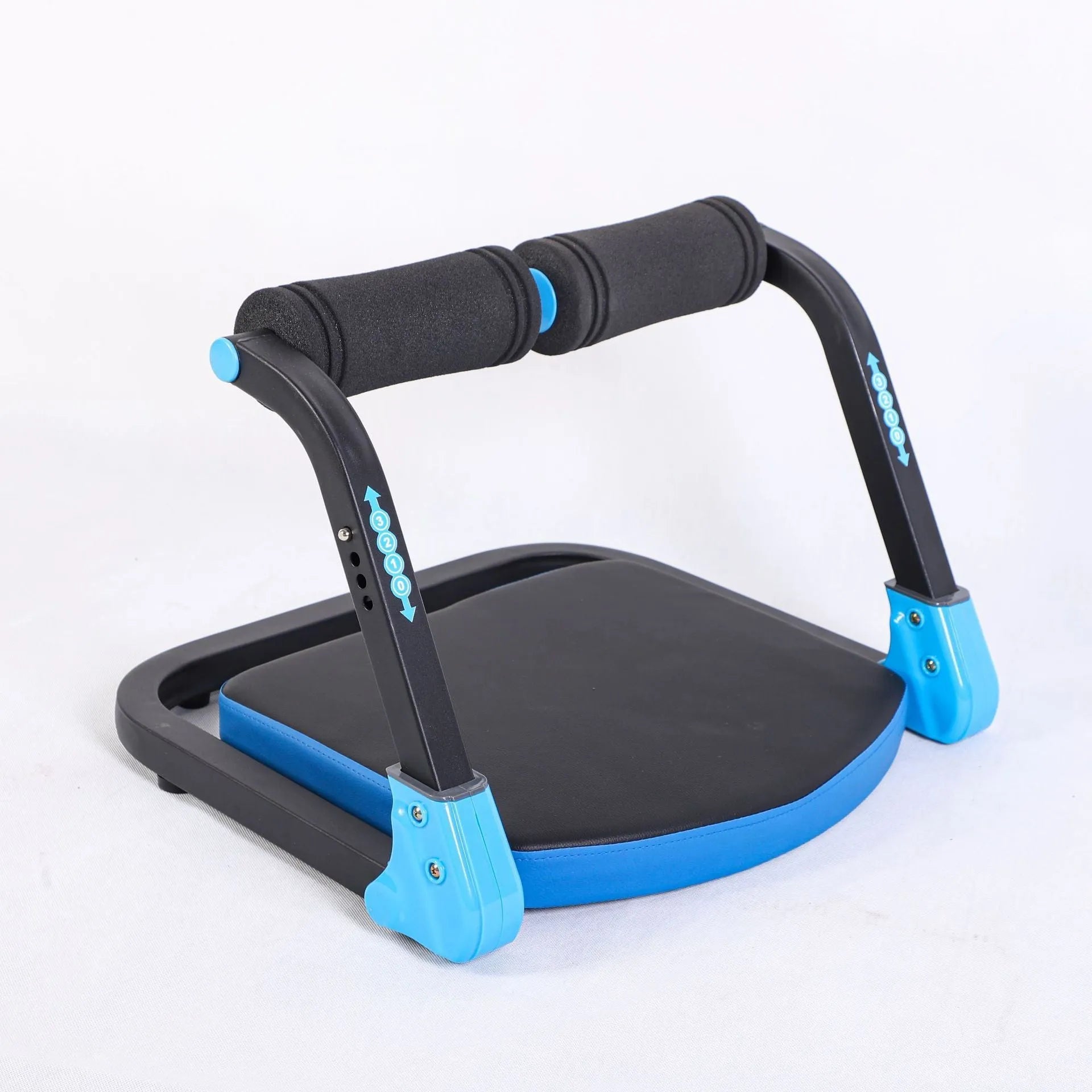 Compact abdominal exercise device in red and sky blue colours for portable core training