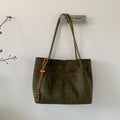 Large suede tote bag in brown with matching pendant, horizontal square shape, single shoulder strap, and retro styling