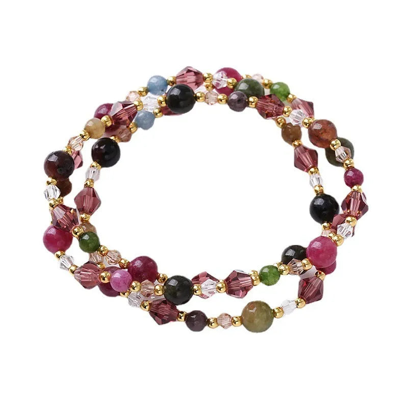 Handmade adjustable three-ring crystal bracelet for women in tourmaline, strawberry quartz or amethyst.