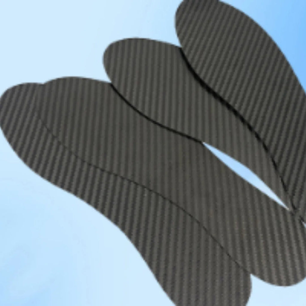 Black 3K carbon fibre full palm running insoles showing thickness options for shock absorption