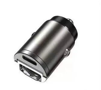 Small black zinc alloy 30W USB-C car charger for cigarette lighter socket with PD and QC fast charging.