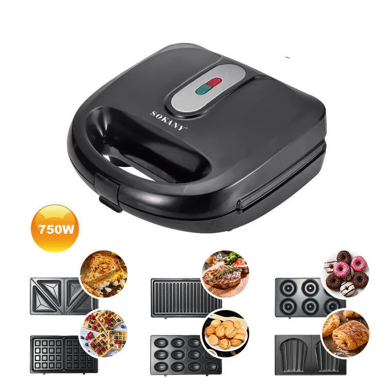 Black electric sandwich maker with double-sided heating, brushed stainless steel lid, and non-stick plates.