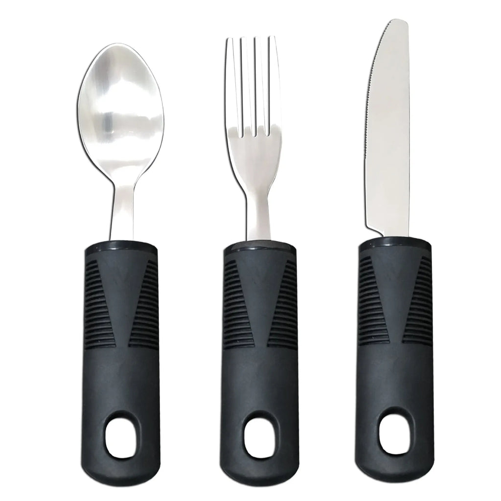 Stainless steel adaptive cutlery set with black rubber handles, showing knife, fork, and spoon.