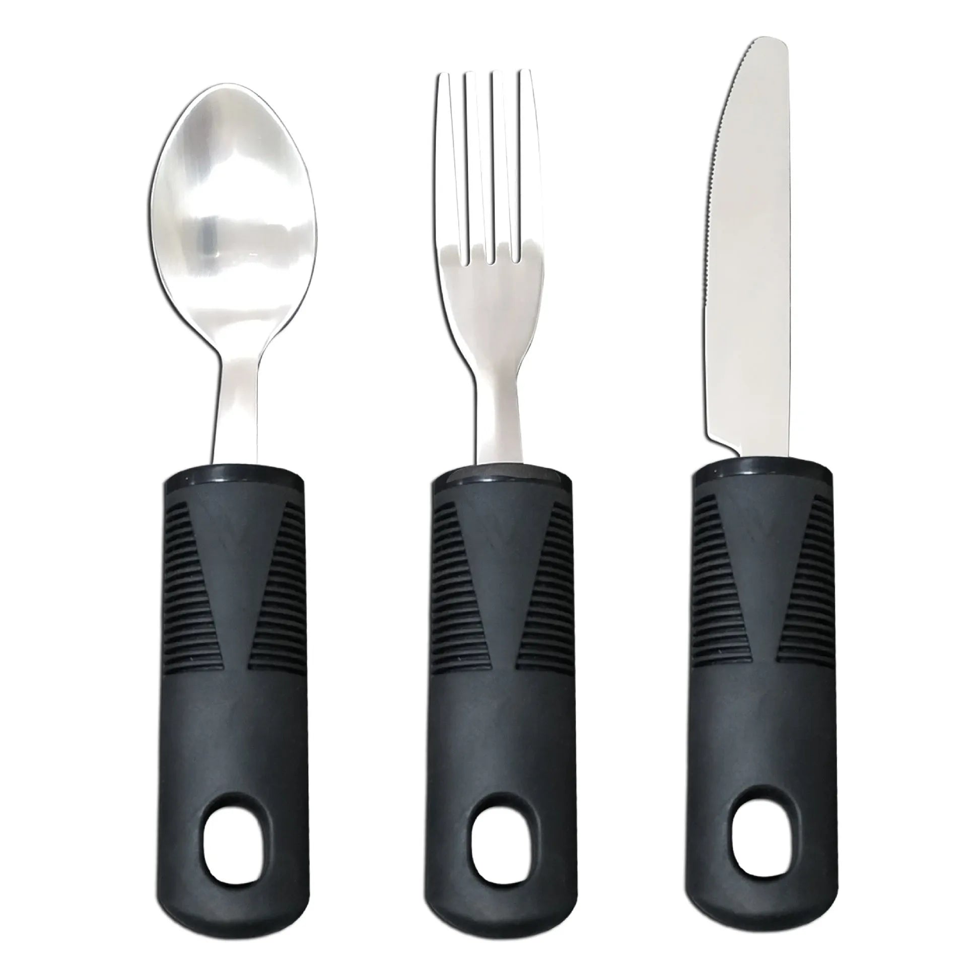 Stainless steel adaptive cutlery set with black rubber handles, showing knife, fork, and spoon.