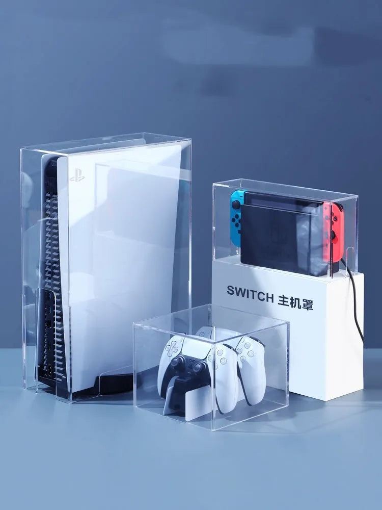 Acrylic transparent dust cover for PS4 Slim with handle storage box, clear finish, vertical and horizontal styles